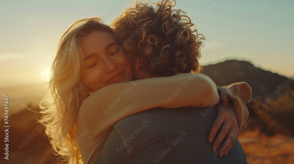 Loving couple embracing in golden sunset light, intimate moment