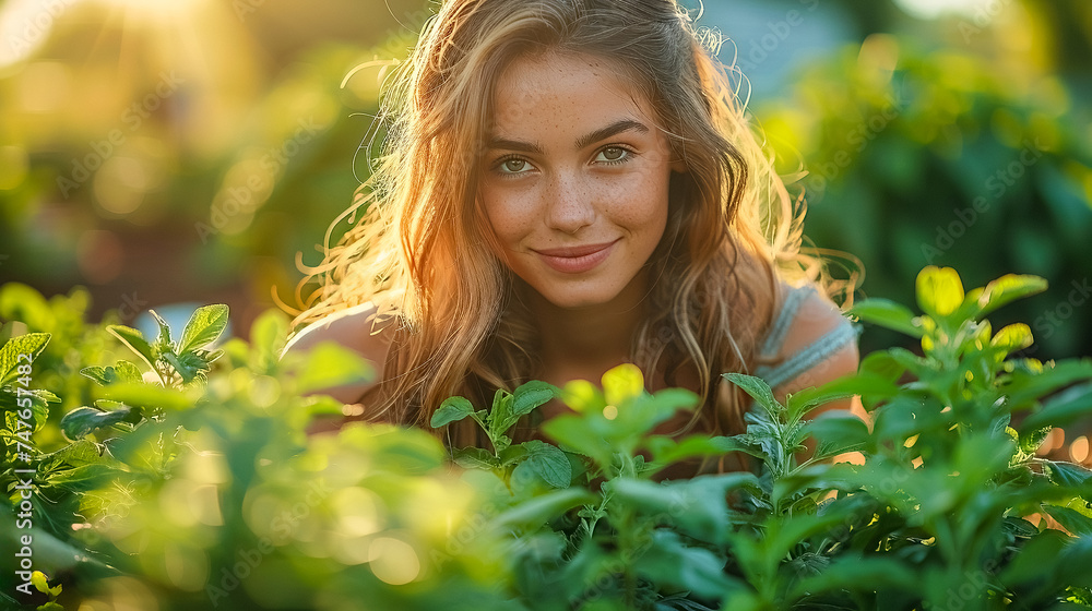 Beautiful young woman working in her garden greenhouse raising fresh vegetables. Beautiful young woman working in her garden greenhouse raising fresh vegetables.