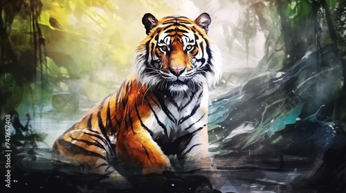 Full body style watercolor painting of a tiger in the middle of the forest. Generative Ai