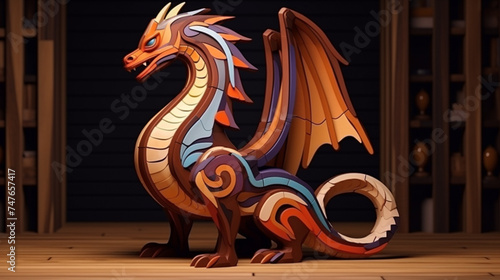 abstract wooden style full body of, charismatics Alcedine Wyvern dragon. Generative Ai