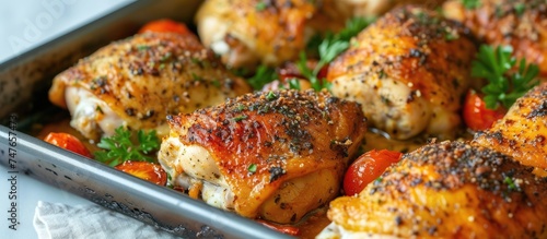 This close-up photo showcases a pan of deliciously crispy baked chicken thighs straight from the oven. photo