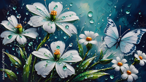 tender white flowers in dew droplets and emerals butterfly on blue. flowers and butterflies painted with oil paints photo