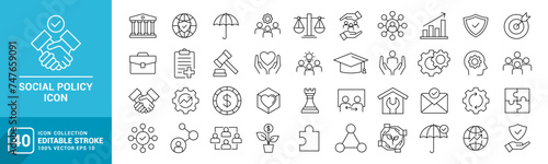 Collection of social policy icons, security, government, welfare, protection, family, vector template editable stroke EPS 10. photo