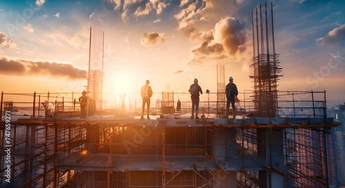 High-rise construction site at dawn, workers and machinery beginning the day