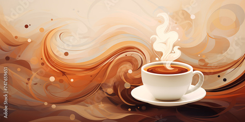 Abstraction on the theme of coffee, a white cup of coffee against a background of soft waves in brown tones, wallpaper