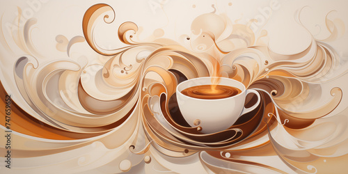 Abstraction on the theme of coffee, a white cup of coffee against a background of soft waves in brown tones, wallpaper