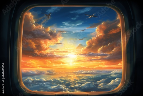 A mesmerizing sunset view from an airplane window, showcasing the vibrant colors of the setting sun reflecting on the clouds, with a plane silhouette in the distance photo