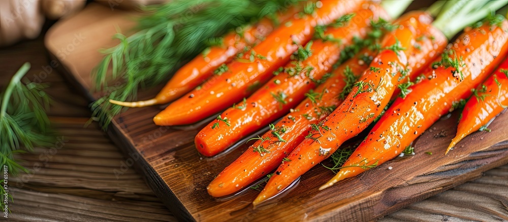 A wooden cutting board showcases a multitude of deliciously honey-glazed baby carrots, offering a sweet and savory twist on the classic vegetable. A wooden cutting board showcases a multitude of deliciously honey-glazed baby carrots, offering a sweet and savory twist on the classic vegetable.