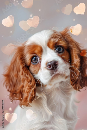 Cavalier King Charles Spaniel cute puppy dog background with hearts for print. Generative AI.