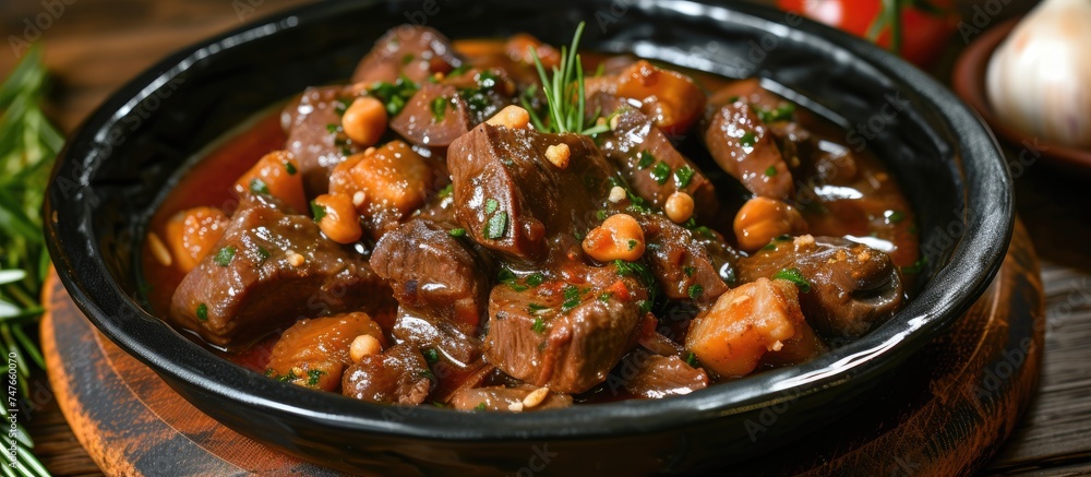 A detailed view of a mouthwatering bowl filled with a delectable combination of liver and Oni, a delightful dish from Spanish cuisine, placed on a table. A detailed view of a mouthwatering bowl filled with a delectable combination of liver and Oni, a delightful dish from Spanish cuisine, placed on a table.