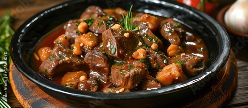 A detailed view of a mouthwatering bowl filled with a delectable combination of liver and Oni, a delightful dish from Spanish cuisine, placed on a table.