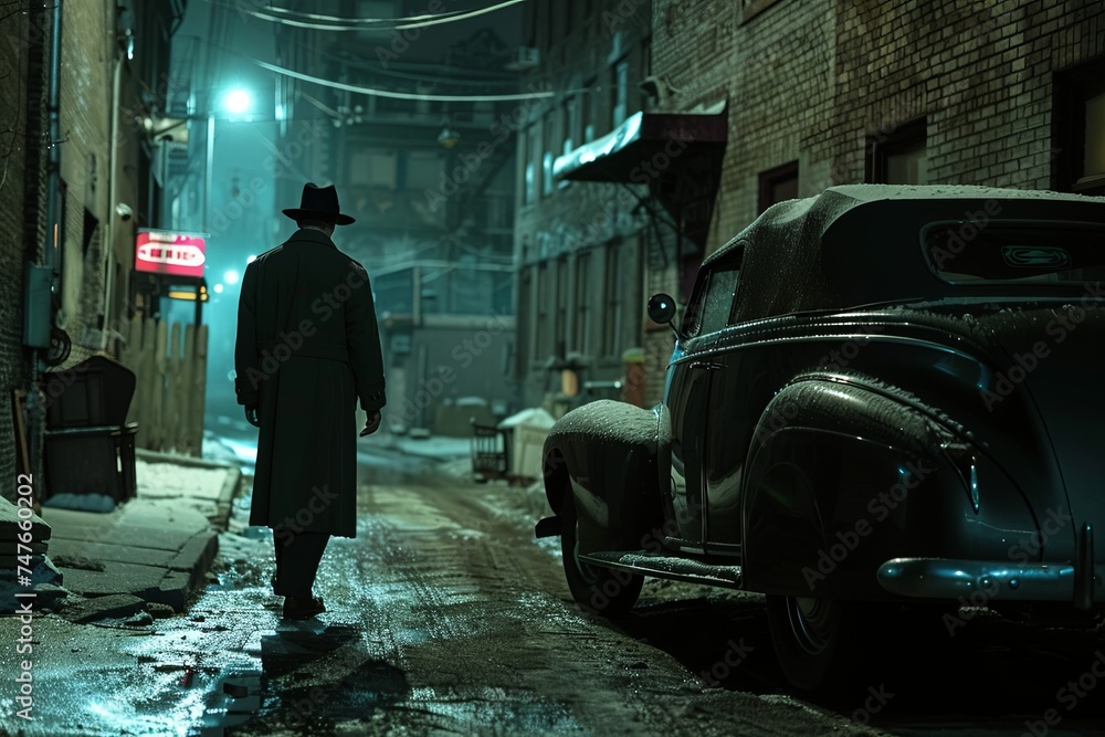 A solitary person clad in a long coat and fedora walks away down a snow-dusted alley. An old car is parked beside the brick buildings. Generative AI A solitary person clad in a long coat and fedora walks away down a snow-dusted alley. An old car is parked beside the brick buildings. Generative AI