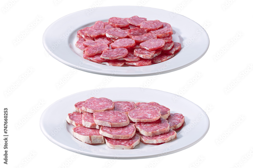 fuet sausage cut in slices on a white plate isolated fuet sausage cut in slices on a white plate isolated