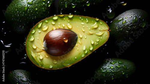 Fresh green avocado water droplets, healthy fat food concept background