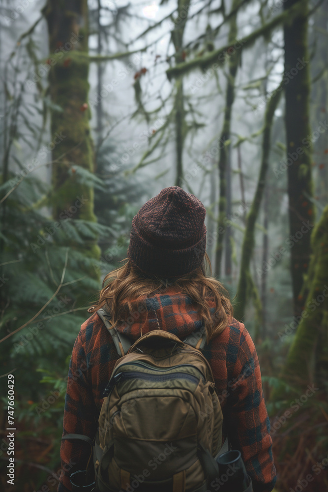 A woman in a plaid jacket and beanie contemplates the serene mist of a dense, mossy forest