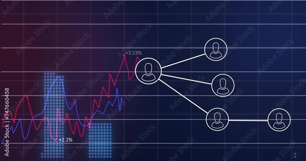 Animation of financial data processing over network with people icons on dark background Animation of financial data processing over network with people icons on dark background