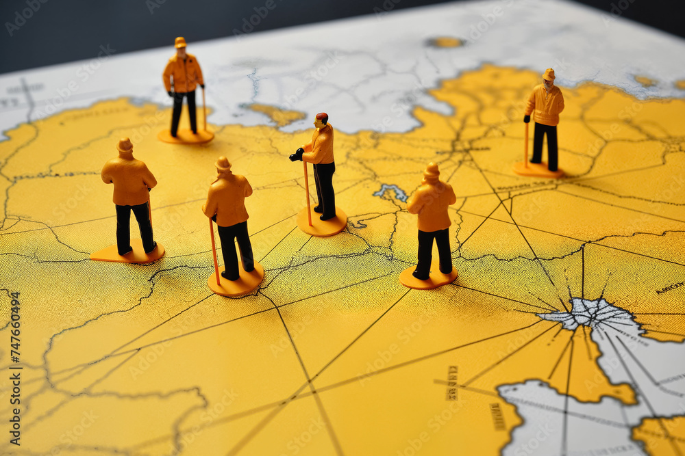 Miniature Figures on a Global Expedition Map Miniature Figures on a Global Expedition Map