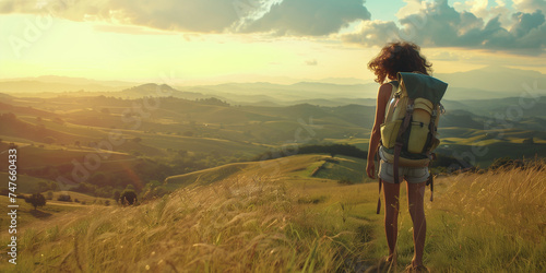 A woman with a backpack gazes at a picturesque sunset over undulating hills and fields