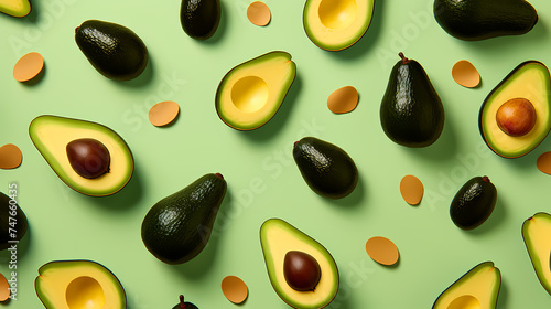 Fresh green avocado water droplets, healthy fat food concept background