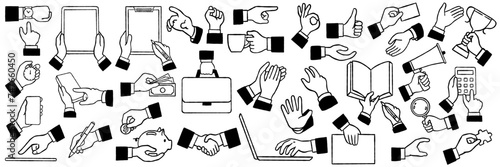 Big set of businessman's hands, gesture with various objects, time, coffee cup, smartphone, business concept. Outline, linear, thin line art, hand drawn sketch, black and white ink style.