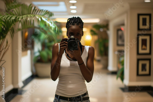 Focused African American woman holding a camera, capturing a moment in a stylish interior setting