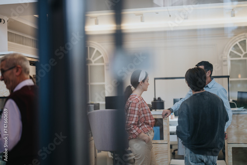 A diverse group of professionals engage in a casual business discussion in a contemporary office environment, conveying teamwork and collaboration.