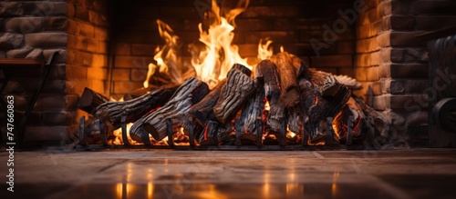 A closeup view of a fireplace with burning flames, casting a warm glow on the logs. The fire crackles and dances as it consumes the wood, providing comfort and heat in the room.
