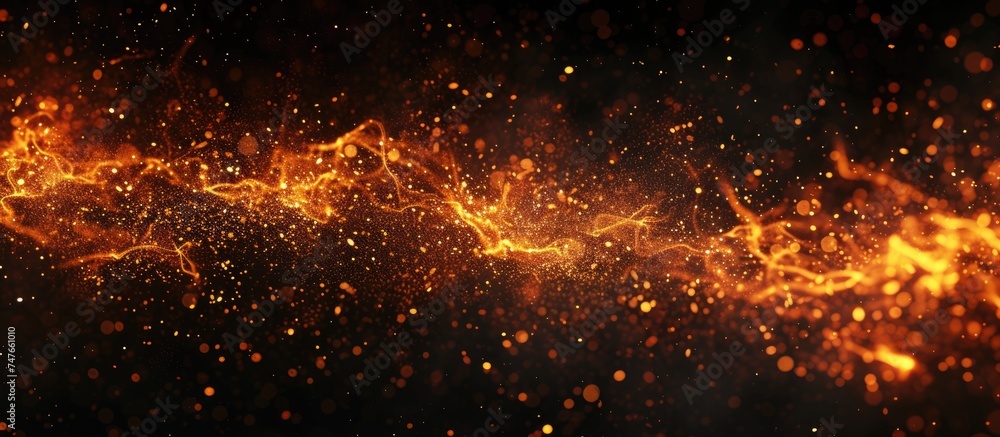 A closeup view of abstract flaming patterns created by fiery sparks on a black background, representing the concept of energy. A closeup view of abstract flaming patterns created by fiery sparks on a black background, representing the concept of energy.