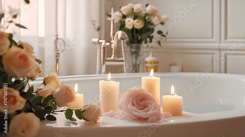 Tranquil spa setting with candles and roses. A serene spa ambiance featuring lit candles and delicate roses around a bathtub, perfect for wellness retreats and bathroom decor inspiration.