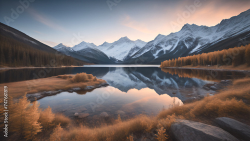 Mountains with a lake at dusk