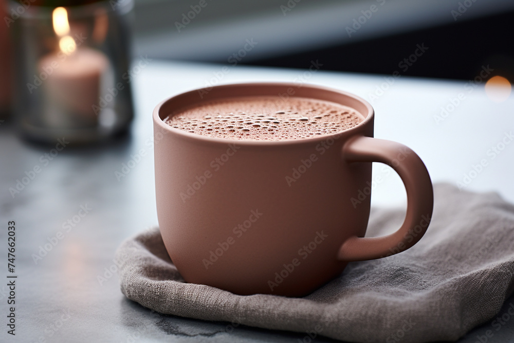 Envision a minimalist hot cocoa, served in a simple ceramic mug with no added toppings or garnishes, offering pure comfort in every sip. Envision a minimalist hot cocoa, served in a simple ceramic mug with no added toppings or garnishes, offering pure comfort in every sip.