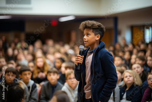 A school assembly featuring student-led presentations on topics like racial equity, LGBTQ+ rights, and mental health awareness, fostering a culture of inclusivity and empathy.
