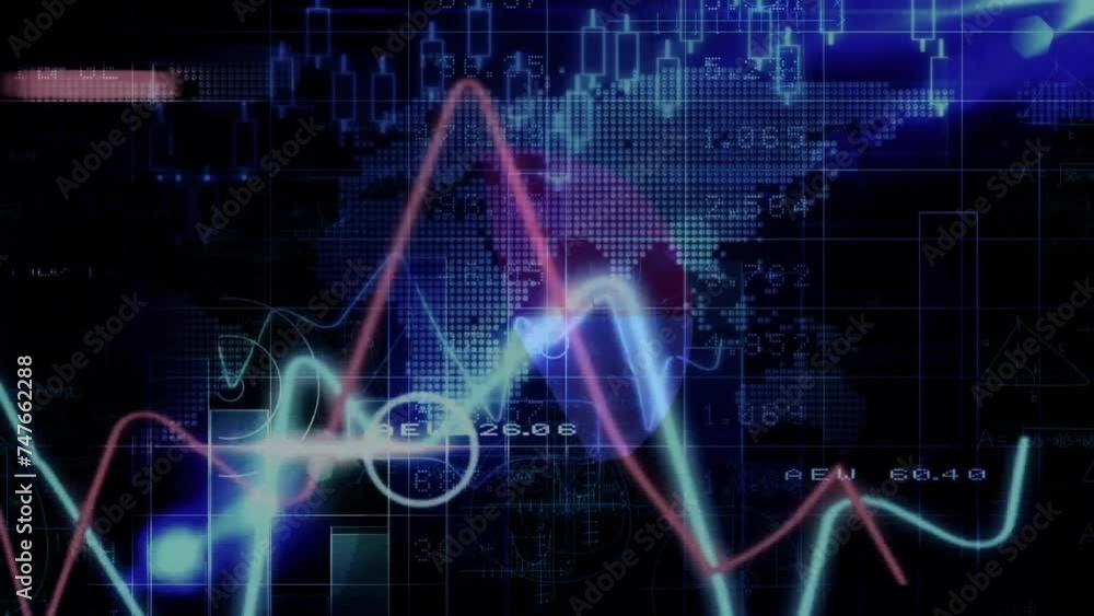 Animation of financial data processing over world map Animation of financial data processing over world map