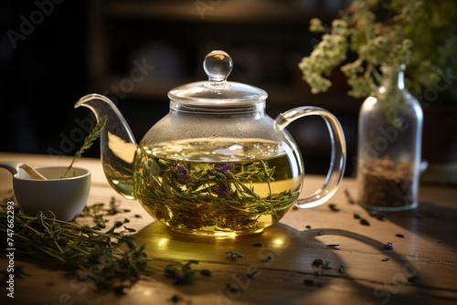 Picture a minimalist herbal infusion, brewed with a single type of fragrant herb and served in a clean, modern teapot, offering a calming and aromatic beverage option.