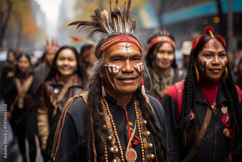 Indigenous rights activists leading a protest against environmental destruction and land exploitation, advocating for the protection of sacred lands and cultural heritage.