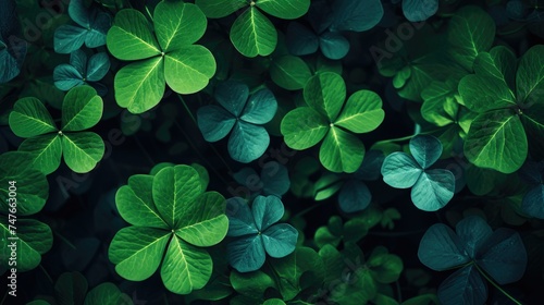 Lush green clover leaves pattern, nature background with vibrant color for St. Patrick's Day or spring themes.