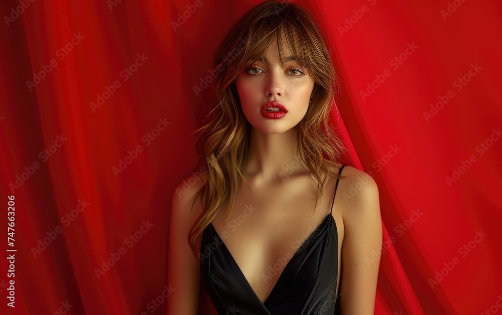 Elegant woman with a subtle smile posing in a black dress against a red backdrop. Elegant woman with a subtle smile posing in a black dress against a red backdrop.