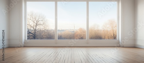 A white-painted room with a light wooden floor and a large aluminum window overlooking an urban park. The room appears spacious and unoccupied, with sunlight pouring in through the open window.