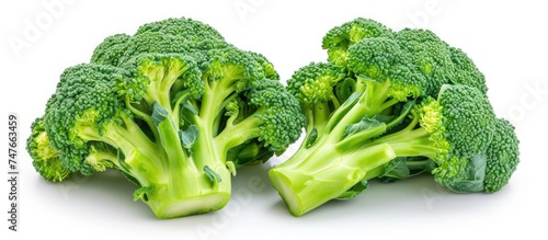 Two pieces of broccoli placed beside each other on an isolated white background.