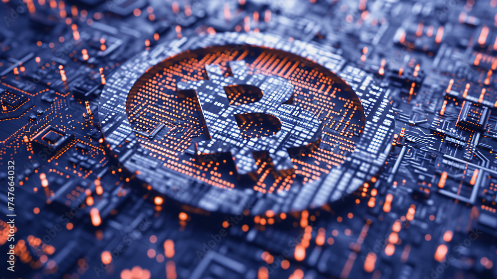 Bitcoin symbol with futuristic sci fi digital background
