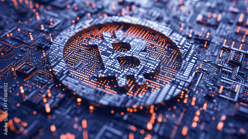Bitcoin symbol with futuristic sci fi digital background