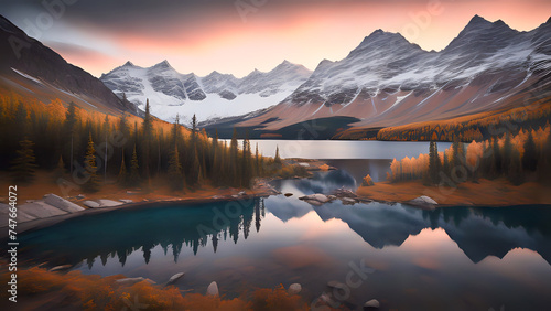 Mountain and lake landscape at dusk