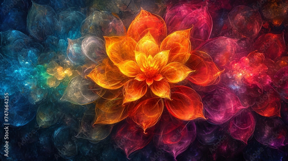 Obraz premium Stained glass window background with colorful Flower and Leaf abstract. 