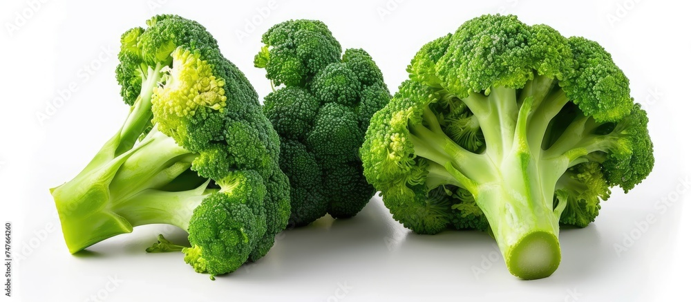 Three individual pieces of broccoli are arranged side by side on a white background. Three individual pieces of broccoli are arranged side by side on a white background.