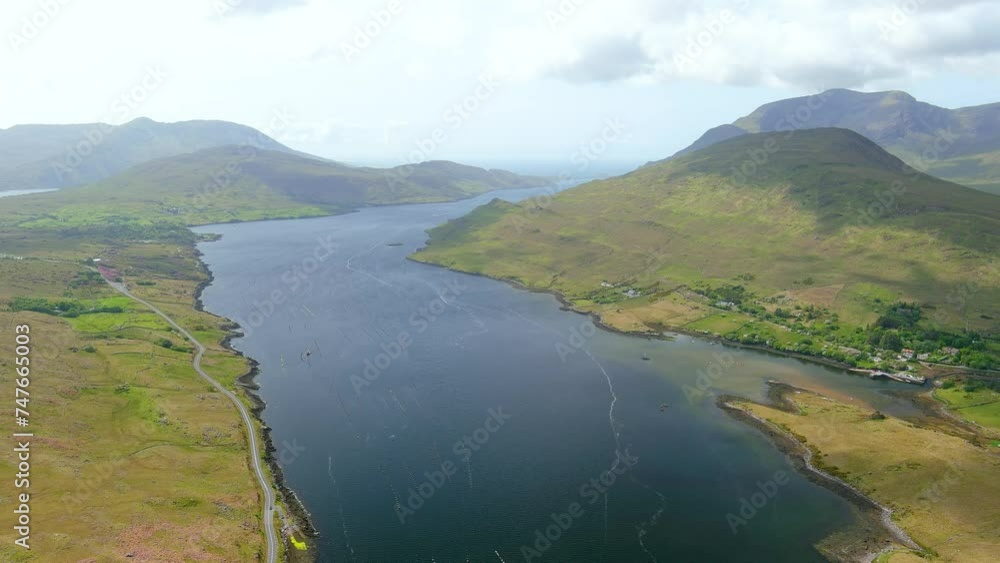 Killary Harbour or Killary fjord aerial view. A stunning fjord in the west of Ireland. North Connemara's spectacular scenery. Dramatic natural border between co. Galway and co. Mayo. Wild Atlantic Way Killary Harbour or Killary fjord aerial view. A stunning fjord in the west of Ireland. North Connemara's spectacular scenery. Dramatic natural border between co. Galway and co. Mayo. Wild Atlantic Way