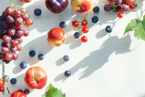 Fresh summer fruits in sunlit bowl with nature shadows on table