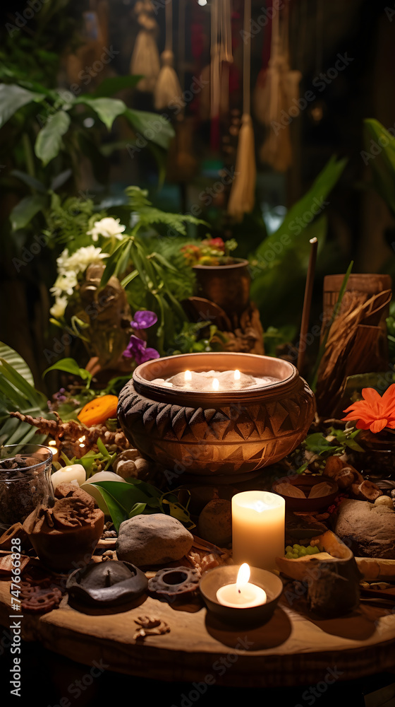 A portal into an ancient world: Shaman's sacred Ayahuasca brew under soft candlelight
