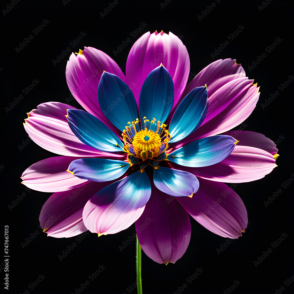 A cosmos flower, crafted from crystal glass and gems, showcased with X-ray imaging against a black backdrop. Its intricate details and captivating elegance evoke a glamorous ambiance.(Generative AI)