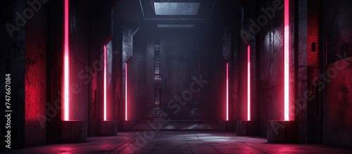 A gothic hallway is shrouded in darkness, with a crimson red neon light filtering down from the ceiling, casting an eerie glow on the surroundings.