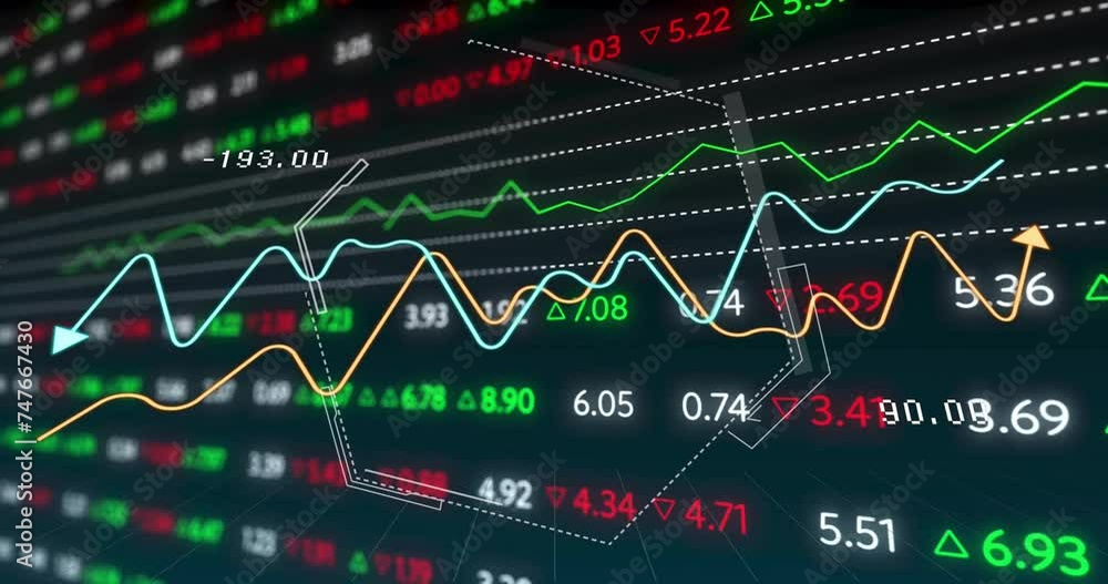 Animation of financial data processing over grid and dark background Animation of financial data processing over grid and dark background